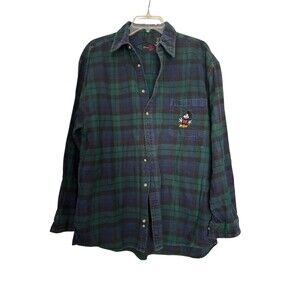 Vintage 90s Disney Mickey Flannel Shirt Men XL Blue/Green Plaid Checkered